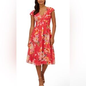 Adrianna Papell Coral-Red Floral Midi Dress